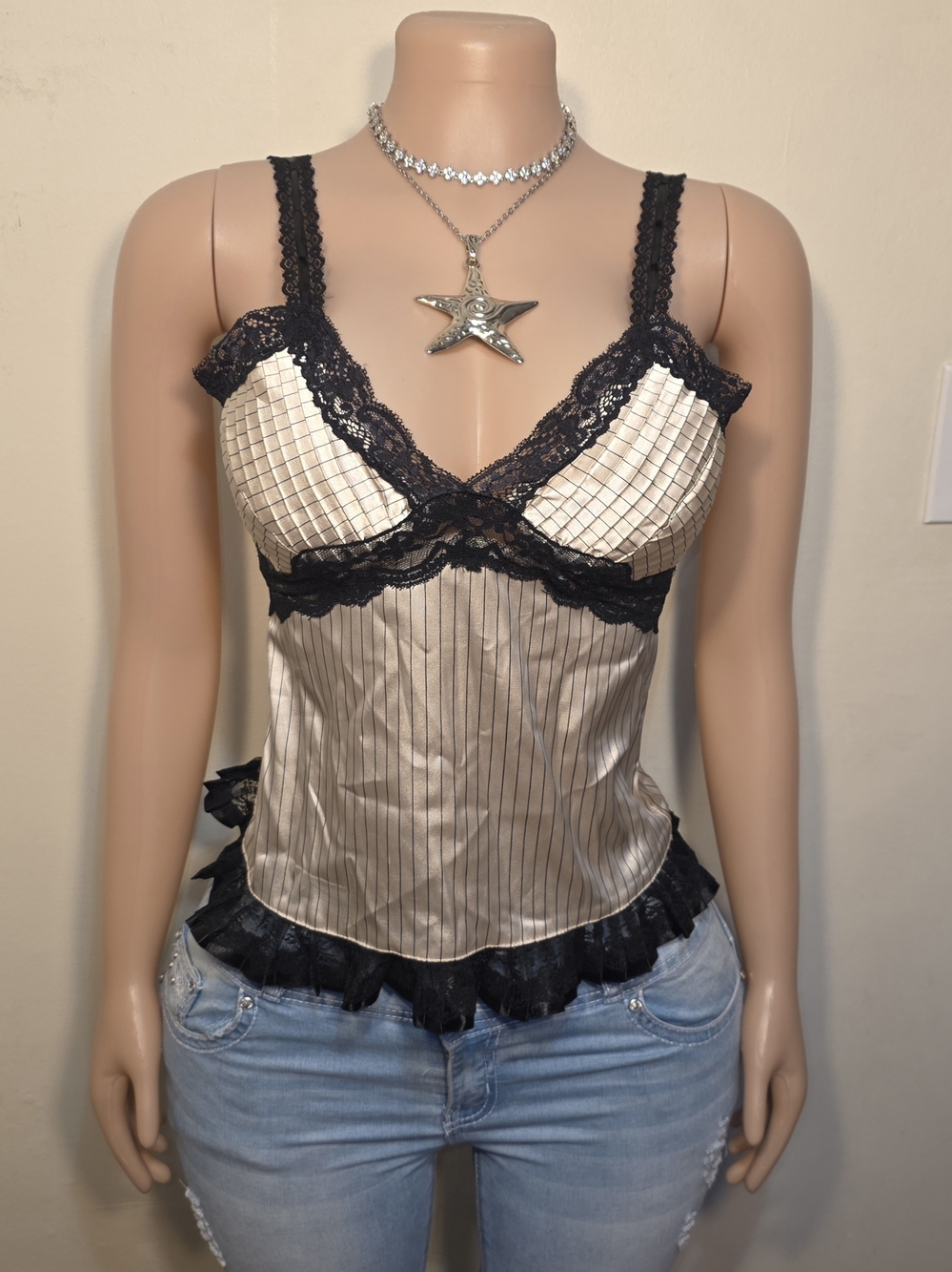 ☆Poof! Cream and Black Lace Pinstripe Cami Top☆